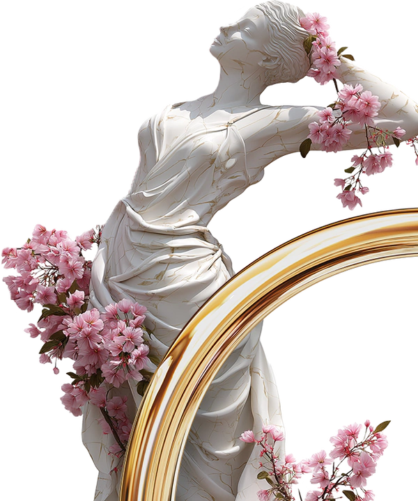 Classical statue with cherry blossoms and gold accent